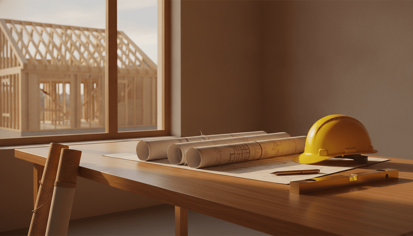 Construction plans and a hard hat in an office overlooking a framed home