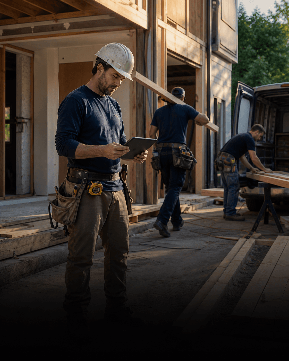 A construction professional checking the day on a tablet while the crew keeps moving