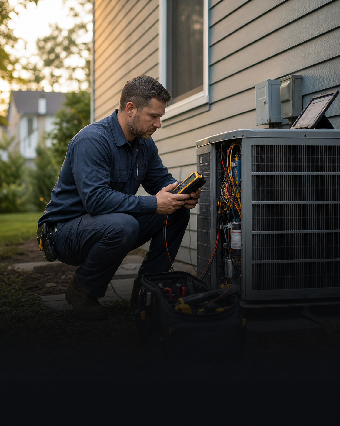 A residential HVAC technician completing a service call